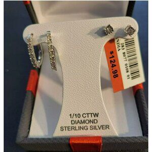 NWT 1/10 CT. T.W. Natural Diamond Hoop and Stud Earring Set in Sterling Silver